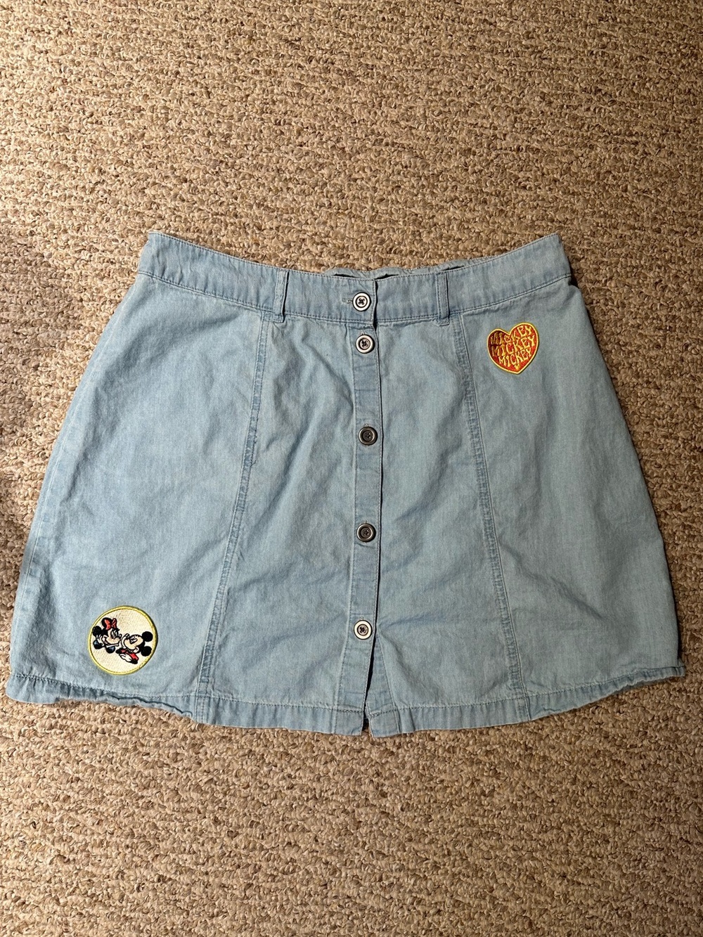 Disney Denim Button-Front Skirt with Mickey Patches